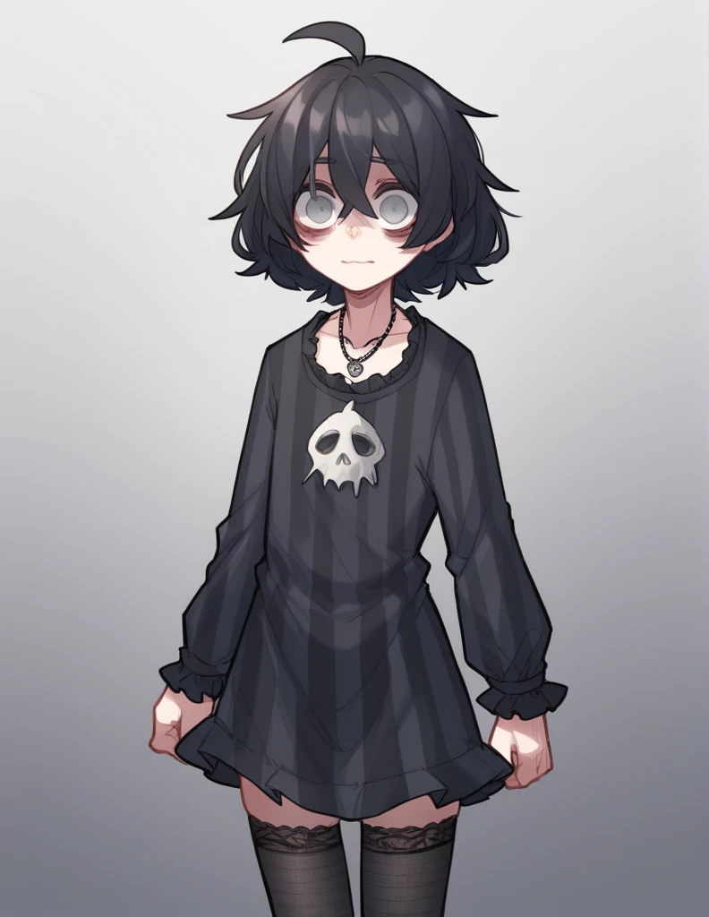 1 girl, alone, ppka, black fur, short hair, messy fur, Ahoge, parts, parts all over the body, grey eyes, empty eyes, blind, nervous, Slight smile, cute look,
gothic, short dress, long sleeve dress, gray dress with black stripes, horizontal striped dress, thigh high stockings, super long stockings, transparent stockings, black necklace, black accessories, gothic, shadows in the eyes, black shadows