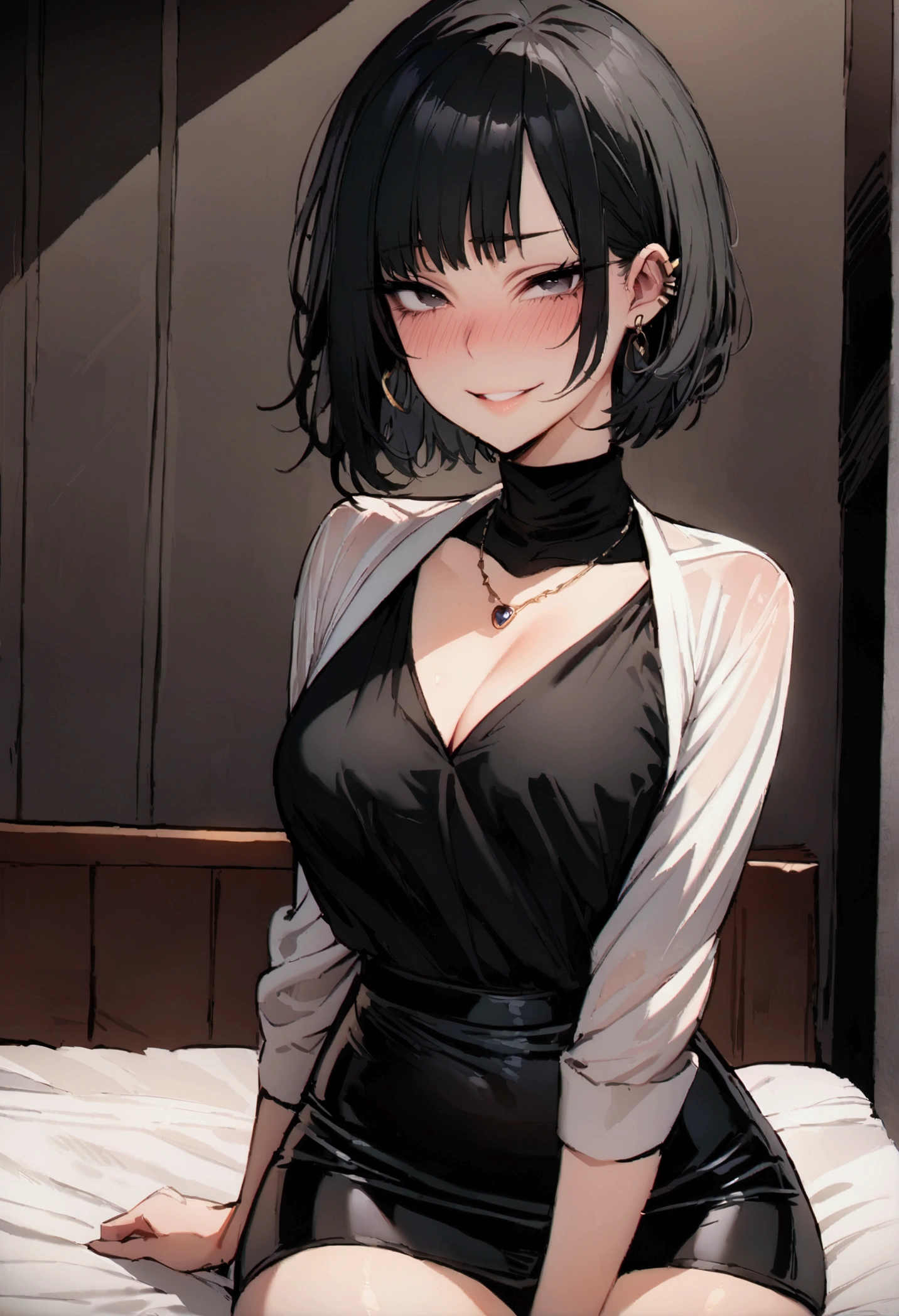 masterpiece, best quality 1girl, solo, beautiful woman, dark tanned skin, bangs, black hair, shoulder length hair, bob black eyes, deep blush, grin, medium breasts, ear ring, necklace, black turtle neck sweeter, short black skirt, plated skirt, looking at viewer sitting on bed