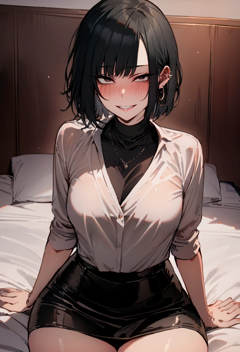 masterpiece, best quality 1girl, solo, beautiful woman, bangs, black hair, short hair, bob cut, black eyes, deep blush, grin, medium breasts, ear ring, necklace, black turtle neck sweeter, short black skirt, plated skirt, looking at viewer sitting on bed