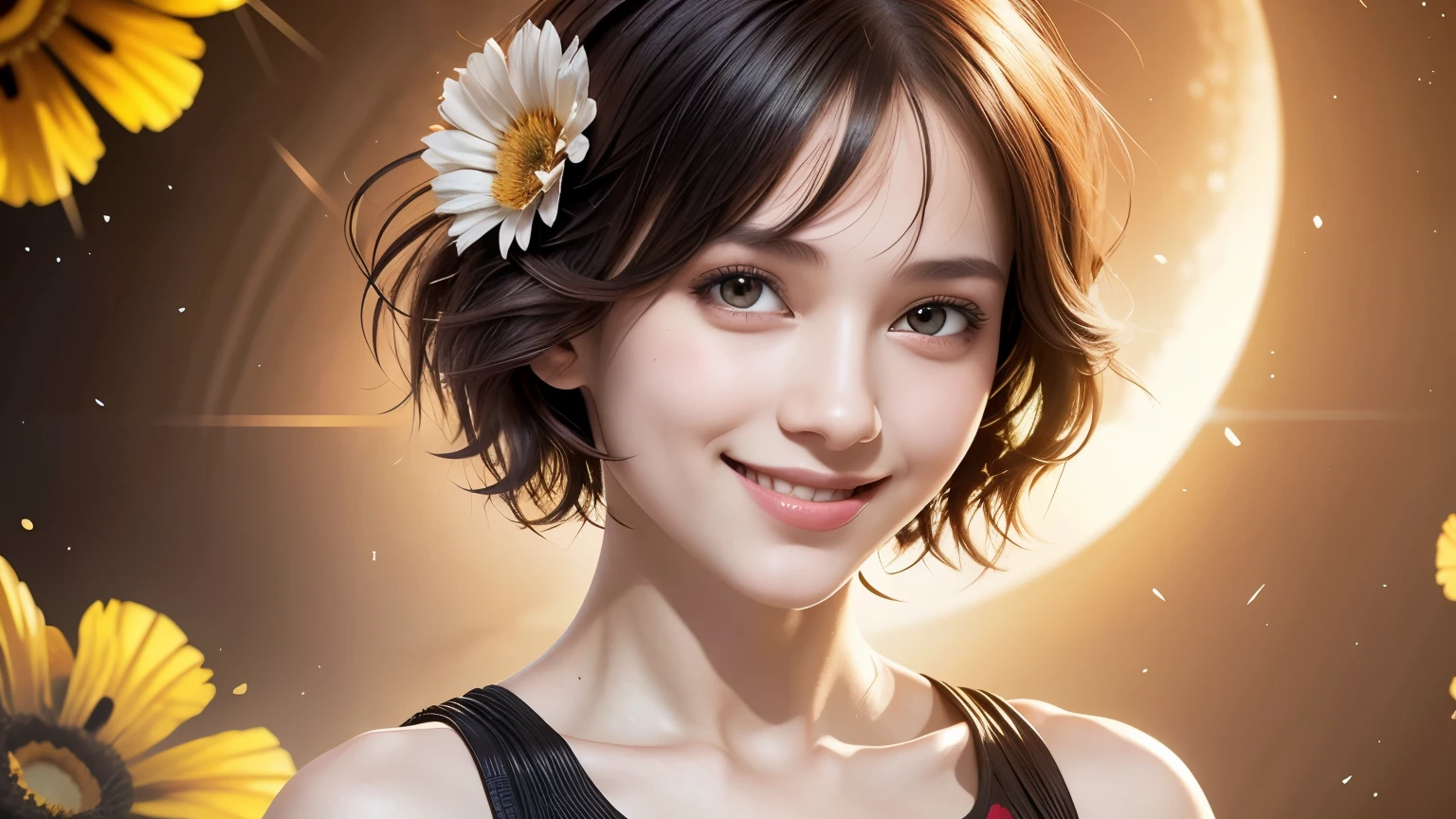 257 20-year-old female, (short hair),(Abstract background,Fractal Art), smile, flower