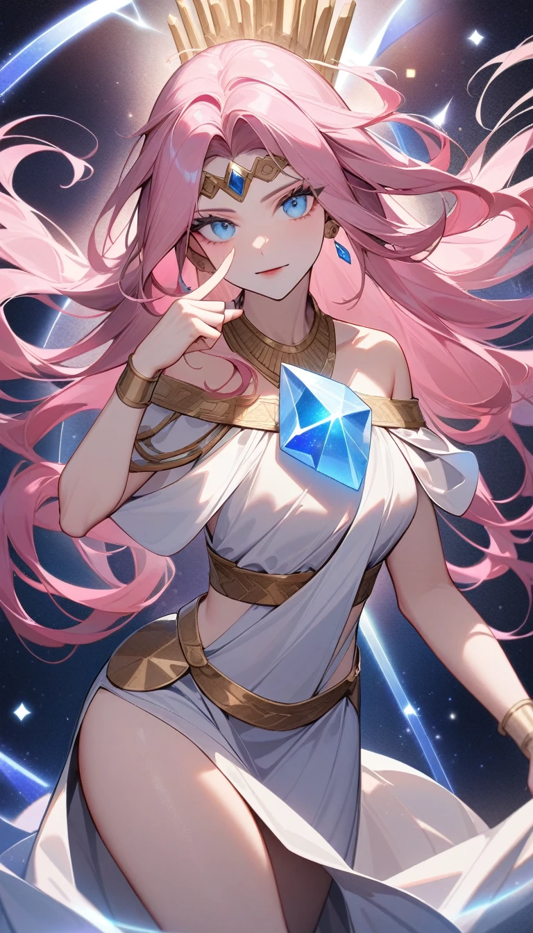 (Huang Li、high quality、Extremely detailed),Constellation - Virgo,Similar to Latin goodness,brave,capricious,Productivity,The face of enterprising and humanitarianism,Pink long hair,Ancient Greek costumes、Wrap Dress,The background is the universe,Crystal blue eyes(Eyes Details),Powerful appearance,Correct finger,Correct anatomy