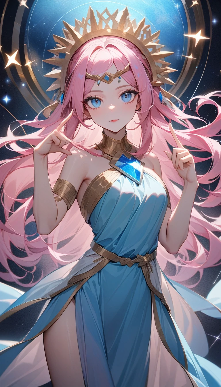 （Huang Li、high quality、Extremely detailed），Constellation - Virgo，Similar to Latin goodness，brave，capricious，Productivity，The face of enterprising and humanitarianism，Pink long hair，Ancient Greek costumes、Wrap Dress，The background is the universe，Crystal blue eyes（Eyes Details），Powerful appearance，Correct finger，Correct anatomy