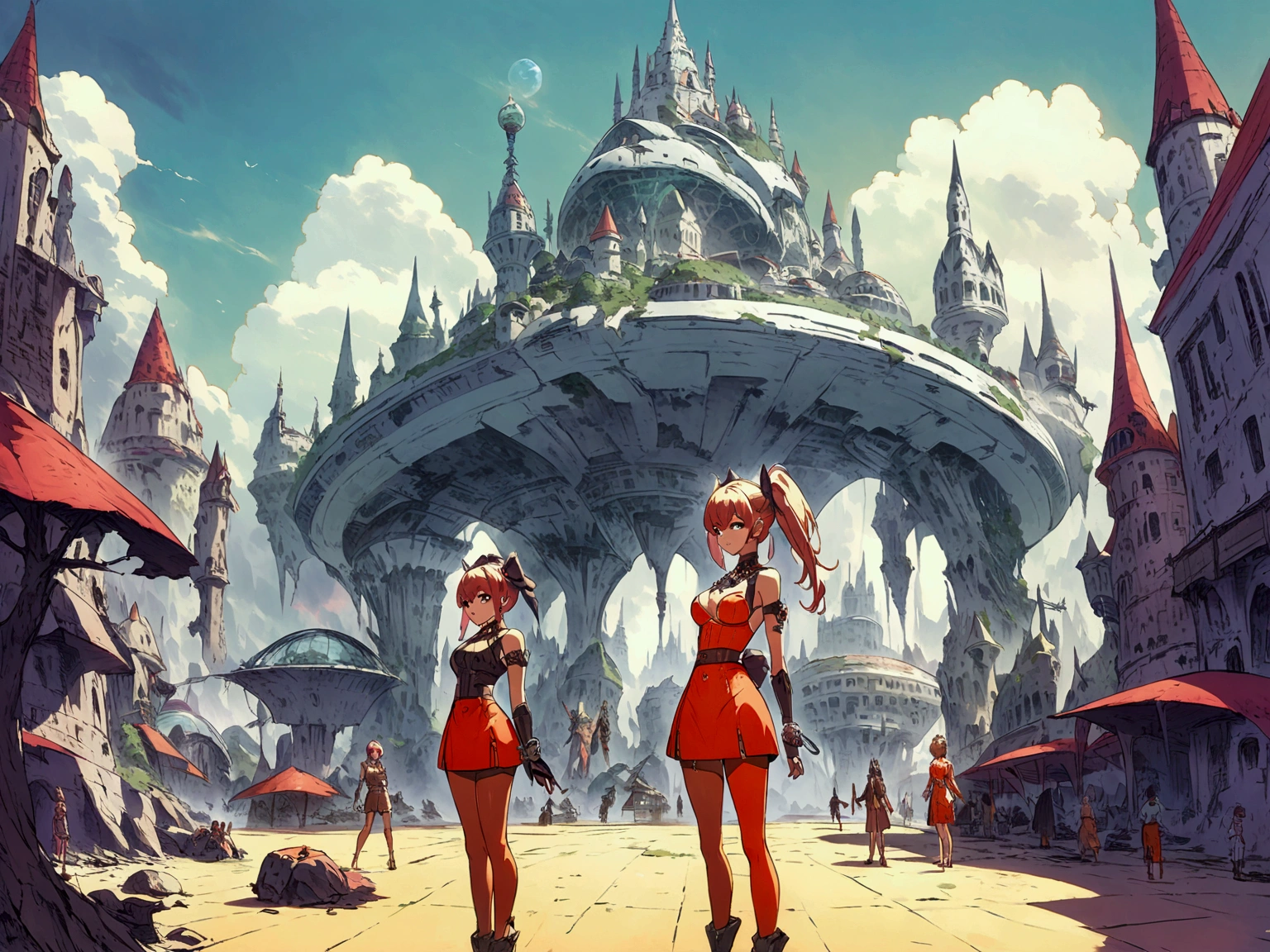 landscape　A mechanized Gothic castle in the center of the screen　Half-destroyed buildings line the surrounding area.　cloudy　Fusion of science and magic　Dark fantasy　Concept Art　