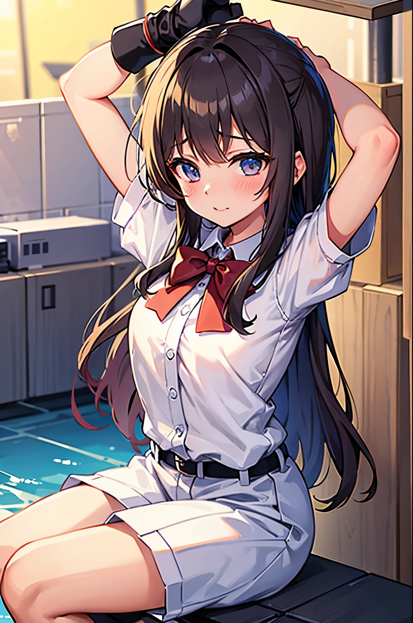 Highly detailed, High Quality, masterpiece, hutaodef, ((small breasts)), gym storeroom, gym uniform