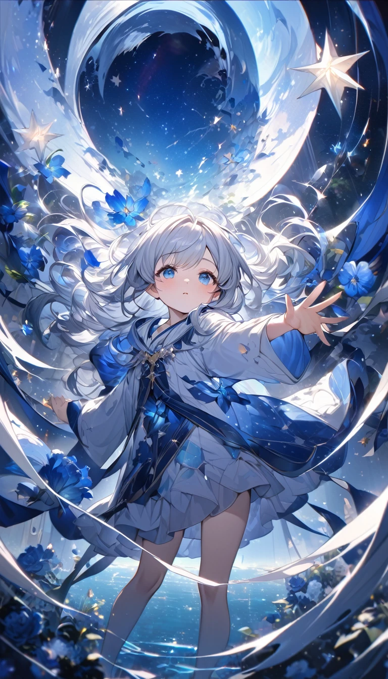 Highest quality,masterpiece,Detailed Details,Super detailed,colorful,The background is the deep blue sea,Transparency,Use HDR technology to create a sense of depth,beautiful,beautiful自然,5 year old girl,Alone,Wearing starry wizard robes,Stand in the center of the screen,The whole body faces this way,Look diagonally forward to the left,Put your right hand forward in a three-dimensional way,A star-like light from the right,Light magic from the right hand,Narrow and gentle eyes,mysterious,Silver hair decorated with blue flowers,Fantasy atmosphere,beautiful虹色の蝶々is flying in the air