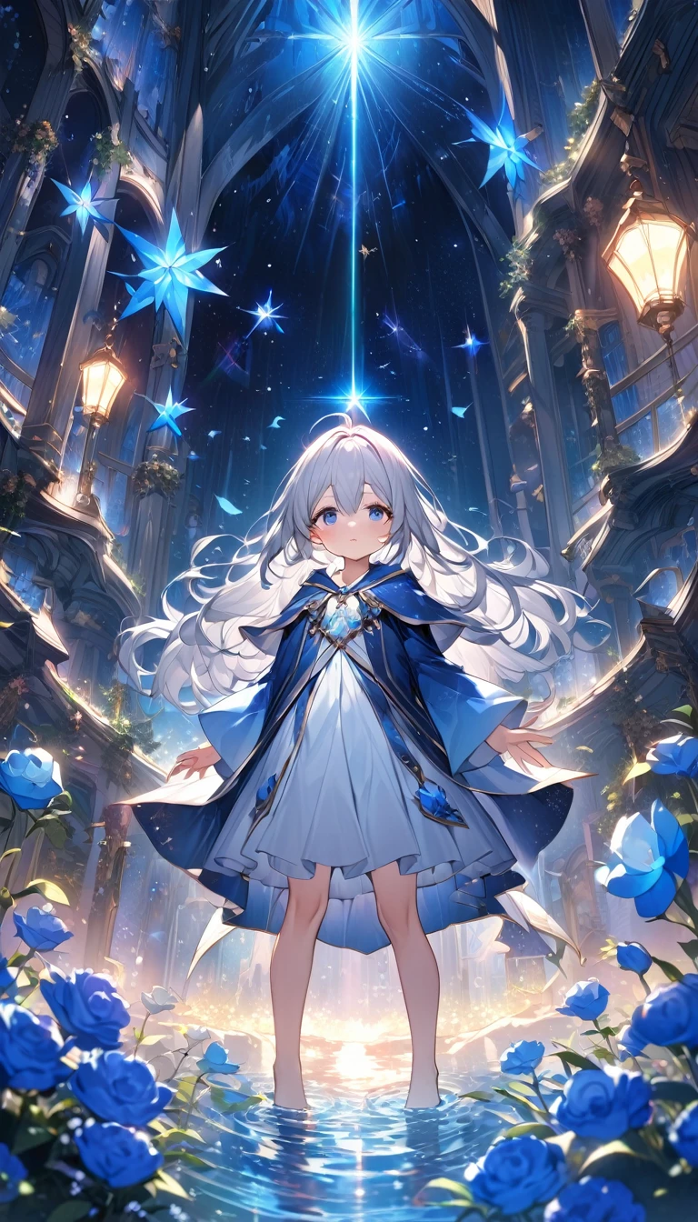 Highest quality,masterpiece,Detailed Details,Super detailed,colorful,The background is the deep blue sea,Transparency,Use HDR technology to create a sense of depth,beautiful,beautiful自然,5 year old girl,Alone,Wearing starry wizard robes,Stand in the center of the screen,The whole body faces this way,Look diagonally forward to the left,Put your right hand forward in a three-dimensional way,A star-like light from the right,Light magic from the right hand,Narrow and gentle eyes,mysterious,Silver hair decorated with blue flowers,Fantasy atmosphere,beautiful虹色の蝶々is flying in the air