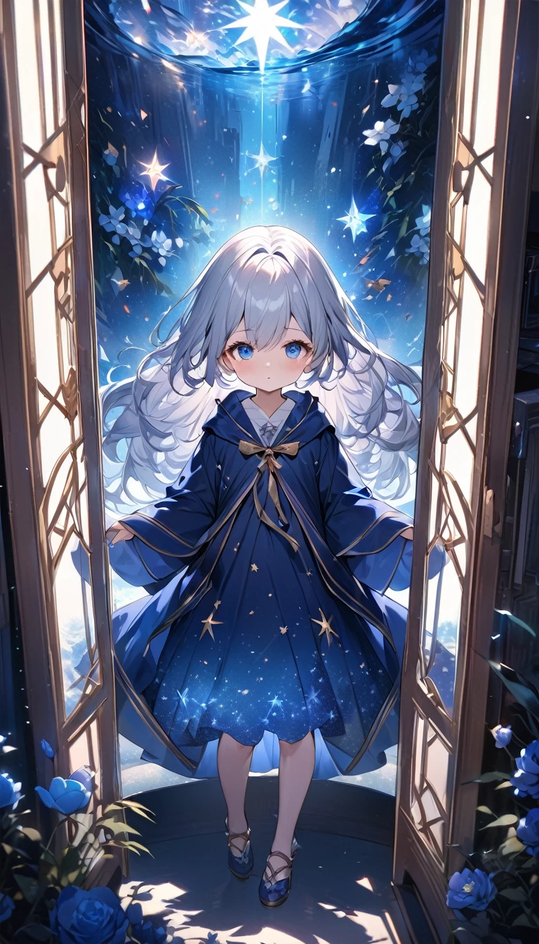 Highest quality,masterpiece,Detailed Details,Super detailed,colorful,The background is the deep blue sea,Transparency,Use HDR technology to create a sense of depth,beautiful,beautiful自然,5 year old girl,Alone,Wearing starry wizard robes,Stand in the center of the screen,The whole body faces this way,Look diagonally forward to the left,Put your right hand forward in a three-dimensional way,A star-like light from the right,Light magic from the right hand,Narrow and gentle eyes,mysterious,Silver hair decorated with blue flowers,Fantasy atmosphere,beautiful虹色の蝶々is flying in the air