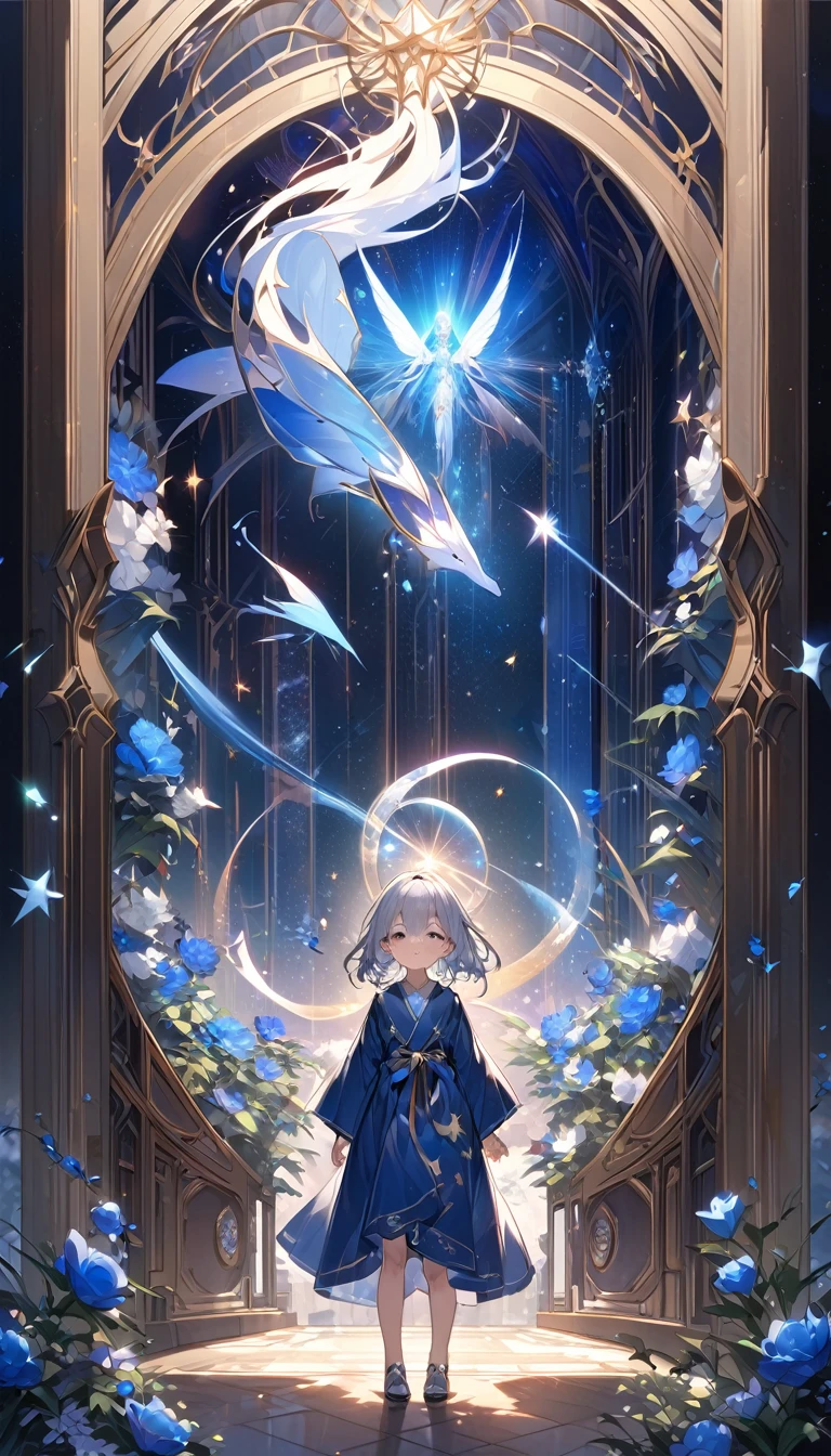 Highest quality,masterpiece,Detailed Details,Super detailed,colorful,The background is the deep blue sea,Transparency,Use HDR technology to create a sense of depth,beautiful,beautiful自然,5 year old girl,Alone,Wearing starry wizard robes,Stand in the center of the screen,The whole body faces this way,Look diagonally forward to the left,Put your right hand forward in a three-dimensional way,A star-like light from the right,Light magic from the right hand,Narrow and gentle eyes,mysterious,Silver hair decorated with blue flowers,Fantasy atmosphere,beautiful虹色の蝶々is flying in the air