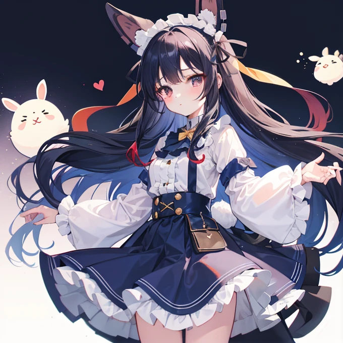 Long navy hair，Lolita Skirt，Fufu has a very cute face，It's a cute girl，Being with a rabbit