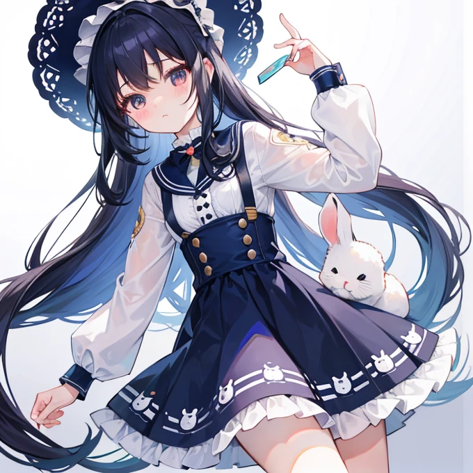 Long navy hair，Lolita Skirt，Fufu has a very cute face，It's a cute girl，Being with a rabbit