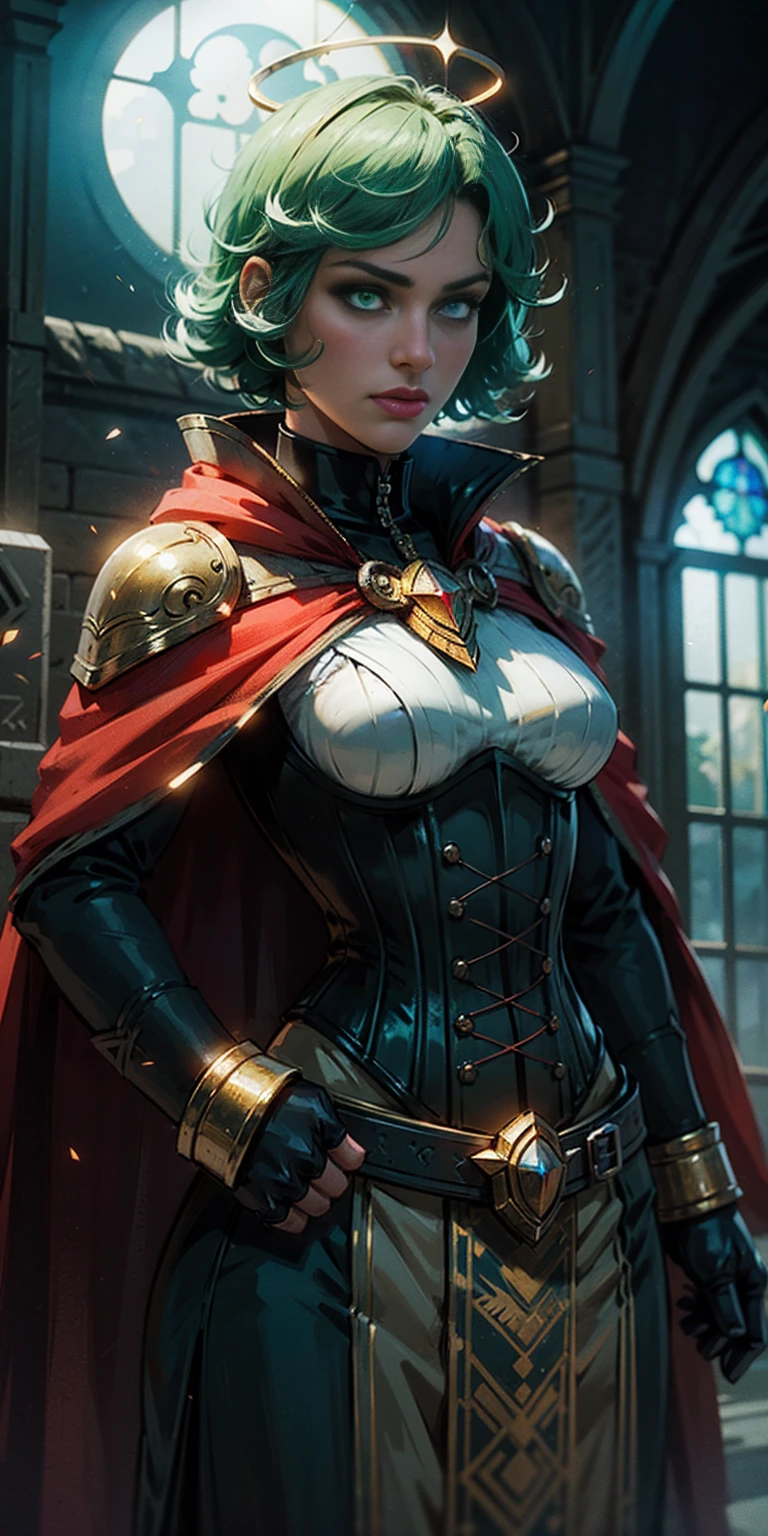 upper body of paladin lady in ornate golden armor, black collar, pauldrons, breastplate, corset, golden glowing halo over head, short bob hair, GREEN HAIR, GREEN glowing eyes, bright pupils, eye focus, red cape, temple indoors, stained glass windows, night, moonlight, particles, light beam, chromatic aberration, (hands on hips, clenching fist 👊 ✊️)