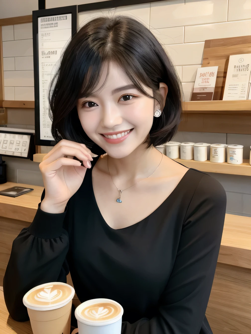 Clear Beauty、Short Haircut、Wavy Hair、 smile、Beautiful teeth alignment、Black Hair、ear piercing、Necklace around the neck、Long sleeve blouse、The background is a coffee shop
