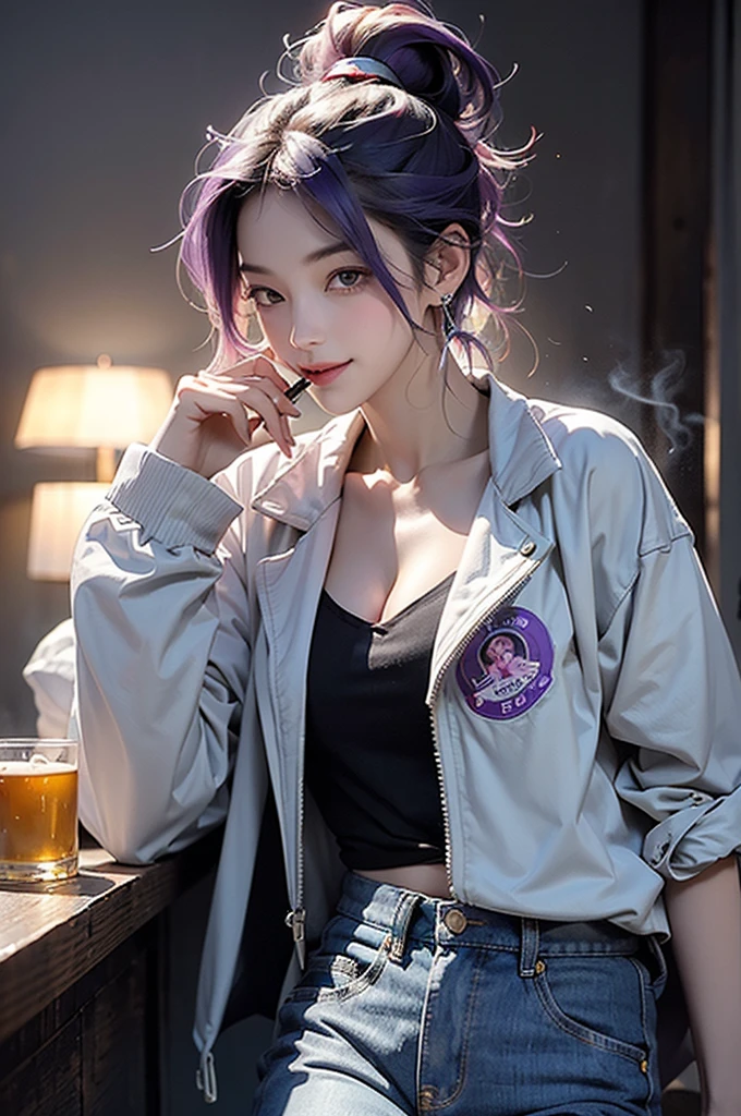 1 Girl,Colorful hair,Hip-hop style,Hip Hop Jacket,((bar)),bar,be opposed to,Smile,
Sexy curves,Light and Shadow Art,Ambiguous atmosphere,Purple light,((smokes)),(((hazy))),Jewelry,earrings,Tie your hair up,frosted glass texture,Fuzzy,night,beer_Mug,