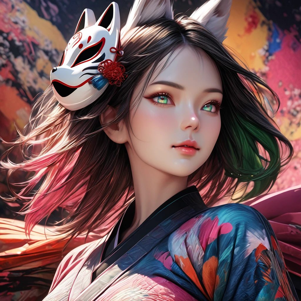 (masterpiece, photorealistic, high resolution, best quality:1.2), (((detailed face))), (((cute face 1.0))), (((face 1.0))), (((Healthy Skin))), (((Detailed body))), (((Model Body Type))), (((Perfect podiline))), 1girl, solo, medium breast, fox mask, 8k, brendanime, ultra detailed, beautiful and aesthetic, (abstract backgrounds:1.5), a burst of colorful hair - blue, pink, and multicolored -, emerald green eyes, dynamic pose, medium breast, elegant, fantastic atmosphere, highly detailed skin and facial textures:1.2, ultra detailed eyes, detailed face, beautiful detailed eyes, beautiful detailed lips, extremely detailed eyes and face, long eyelashes,