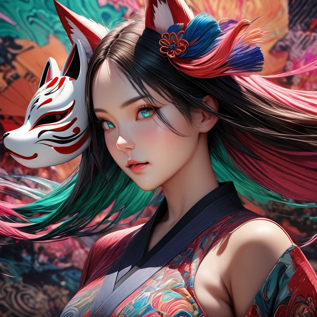 (masterpiece, photorealistic, high resolution, best quality:1.2), (((detailed face))), (((cute face 1.0))), (((Babyface 1.0))), (((Healthy Skin))), (((Detailed body))), (((Model Body Type))), (((Perfect podiline))), 1girl, solo, medium breast, fox mask, 8k, brendanime, ultra detailed, beautiful and aesthetic, (abstract backgrounds:1.5), a burst of colorful hair - blue, pink, and multicolored -, emerald green eyes, dynamic pose, medium breast, elegant, fantastic atmosphere, highly detailed skin and facial textures:1.2, ultra detailed eyes, detailed face, beautiful detailed eyes, beautiful detailed lips, extremely detailed eyes and face, long eyelashes,