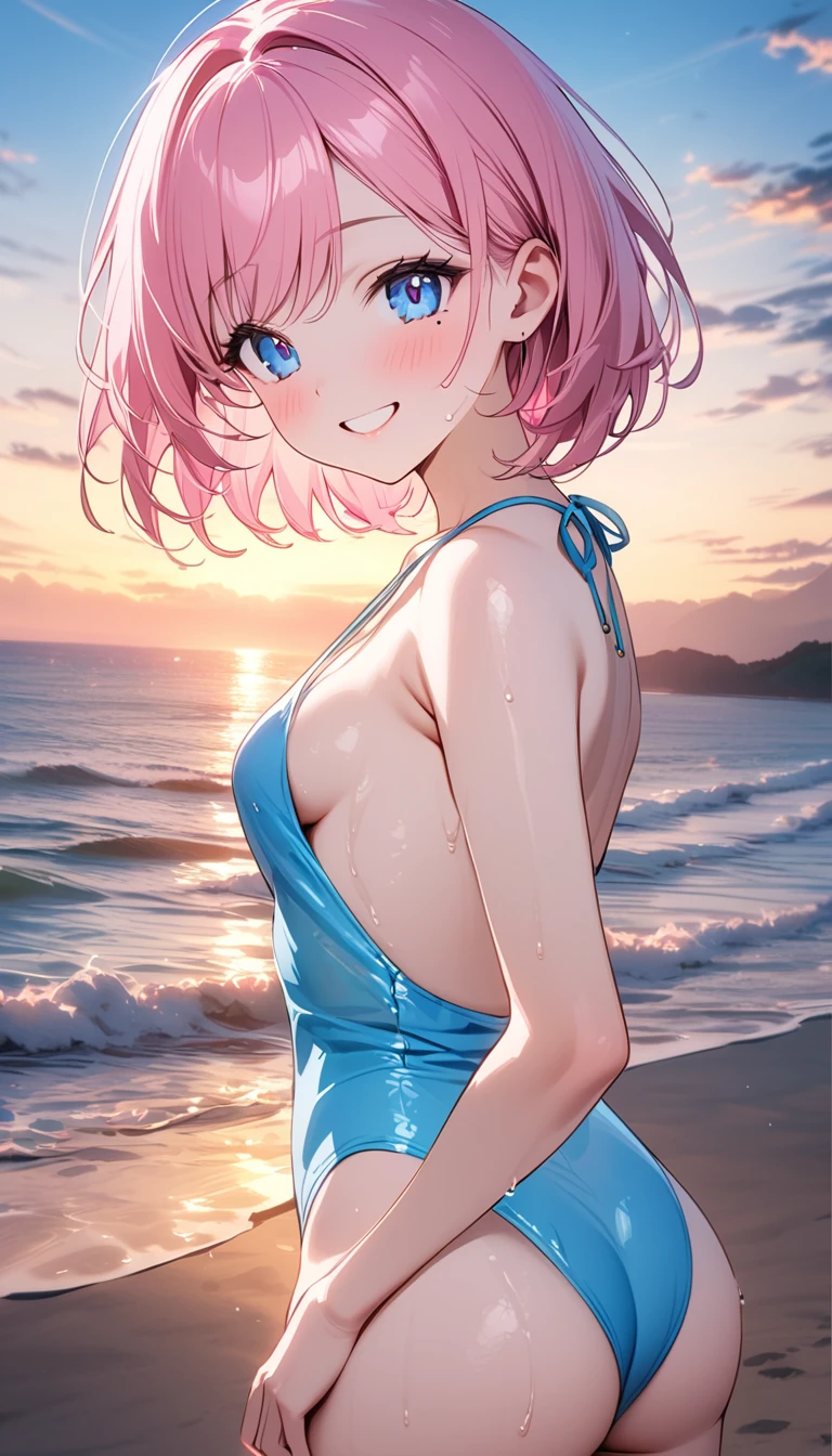 (1 girl),(Best Picture Quality, 8K, Masterpiece:1.3), (high  student:1.5), ((pink lob hair:1.1)), (bob cut),(swept bangs), (cute eyes, pupil black, iris skyblue, youthful face), (mole under right eye), (standard weight), (small breasts), (glistening skin:1.1),(pale skin:1.2),(plunging swimsuit),(seaside),((Gyaru fashion:1.3)),(wet:1.1),((summer scene:1.2)),(magnificent view),(overlooking),(Smile).