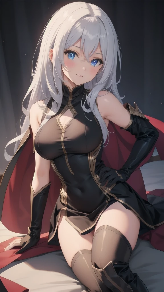 masterpiece, best quality, 1 solo girl, silver hair, blue eyes, long hair, medium breasts, sexy body and face, wavy hair, smile, parted lips, gradient clothes, dress, elbow gloves, sleeveless, bare shoulders, cape, boots, bracelet, sleeveless dress, ribbon, black gloves, turtleneck, short dress, pantyhose, black footwear, night, sexy pose, cowboy shots, detailed body, face, and eyes, sharp focus, vibrant, creative, dynamic, high definition, high resolution, 8k, (Upscale: R-ESRGAN 4x+ Anime6mage enchance:4x), voluptuous body, cinema lightning, dakimakura style, looking at the viewer,