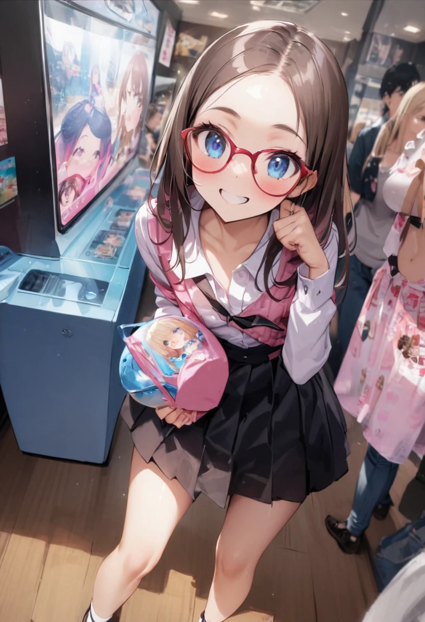 Her miniskirt flutters and her panties are visible、Panty shot、arcade、game machine、Game bench、UFO Catcher、Purikura、Date、Fashionable glasses、forehead、Girl、Girl、Short、Younger、Lower school year、Baby Face、flat chest、smile、Dynamic Angle、masterpiece、best quality、ultra-detail、There are customers around、I'm making a mess、Clothing
