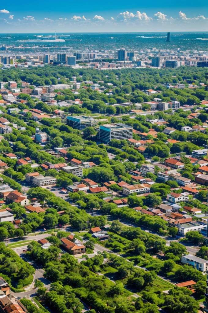 Image with a city with a lot of vegetation and people recycling