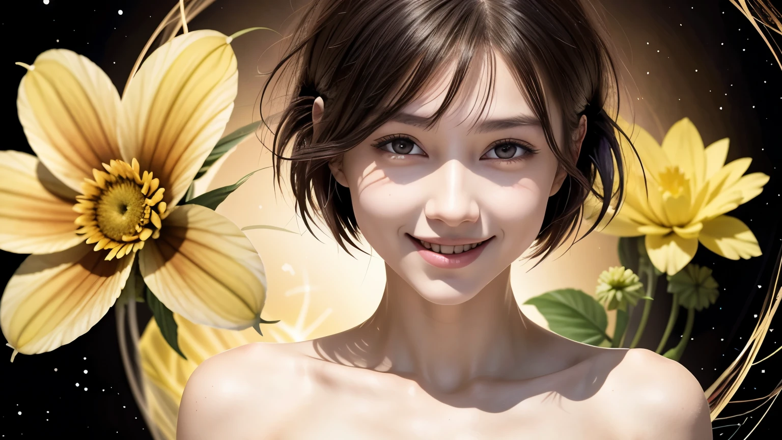 ((hightquality、high-detail、8K picture quality、barechested))、1girl in、florals、Lisianthus、in the style of pale pink and bright azure、dreamy and romantic compositions、Pale pink、Ethereal leaves、Playful placement、Fantasia、highly contrast、Ink strokes、explosions、over exposure、Purple and red tone impression、Abstract、(Watercolors by John Barkey and Jeremy Mann))、brushstrokes、negative space、Cute and cute girl、Beautuful Women、Close your mouth and smile a little happily、Short hair with bangs fluttering in the wind、long neck、Put your ears out、Clean collarbone、Highlights in the eyes、clean skin of white color