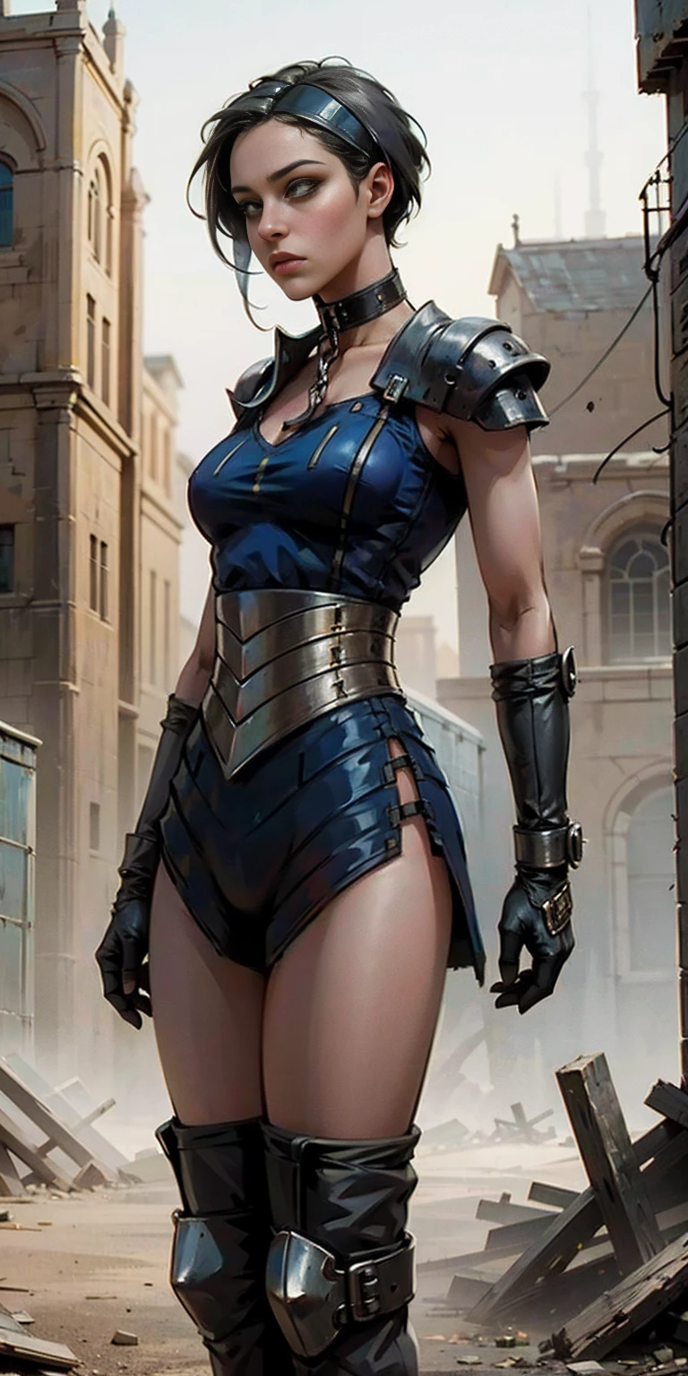 score_9, score_8_up, score_7_up, score_6_up, score_5_up, score_4_up, Concept: Post-apocalyptic Town Square Portrait Subject: Age: Young adult Appearance: Pale skin, short chin-length hair, tired eyes with eyebags Clothing: Simple, worn clothing appropriate for a post-apocalyptic setting Optional: Slave leather choker collar and shackles Posture: Standing, exhausted (hands behind her back, or bound wrists or wearing shackles) Expression: Embarrassed and humiliated Setting: Location: Center of a post-apocalyptic town square Style: Ruined buildings, debris, a sense of desolation Style: Art style: Masterpiece digital art, realistic, detailed