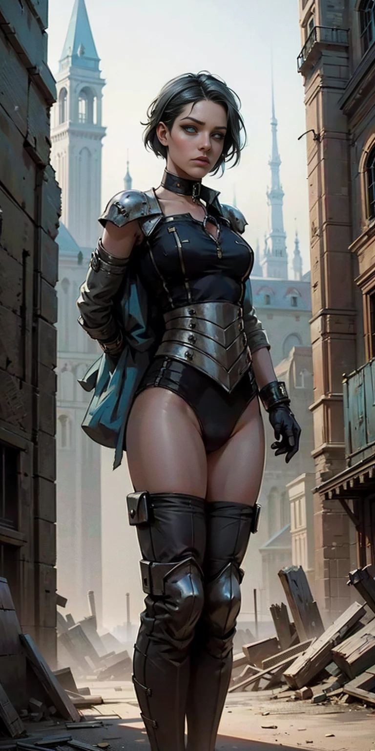 ((white background)) full body female MILF BIMBO, Two long thighs, yellow eyes, green hair, short hair, large breasts, detached sleeves, royal tiara, long cape, yellow tiger bikini, high heels, hands on hips. red tattoo on belly navel, lustful smirking smile face (red blush), metal shoulders, golden bracers sleeveless, black choker sex slave