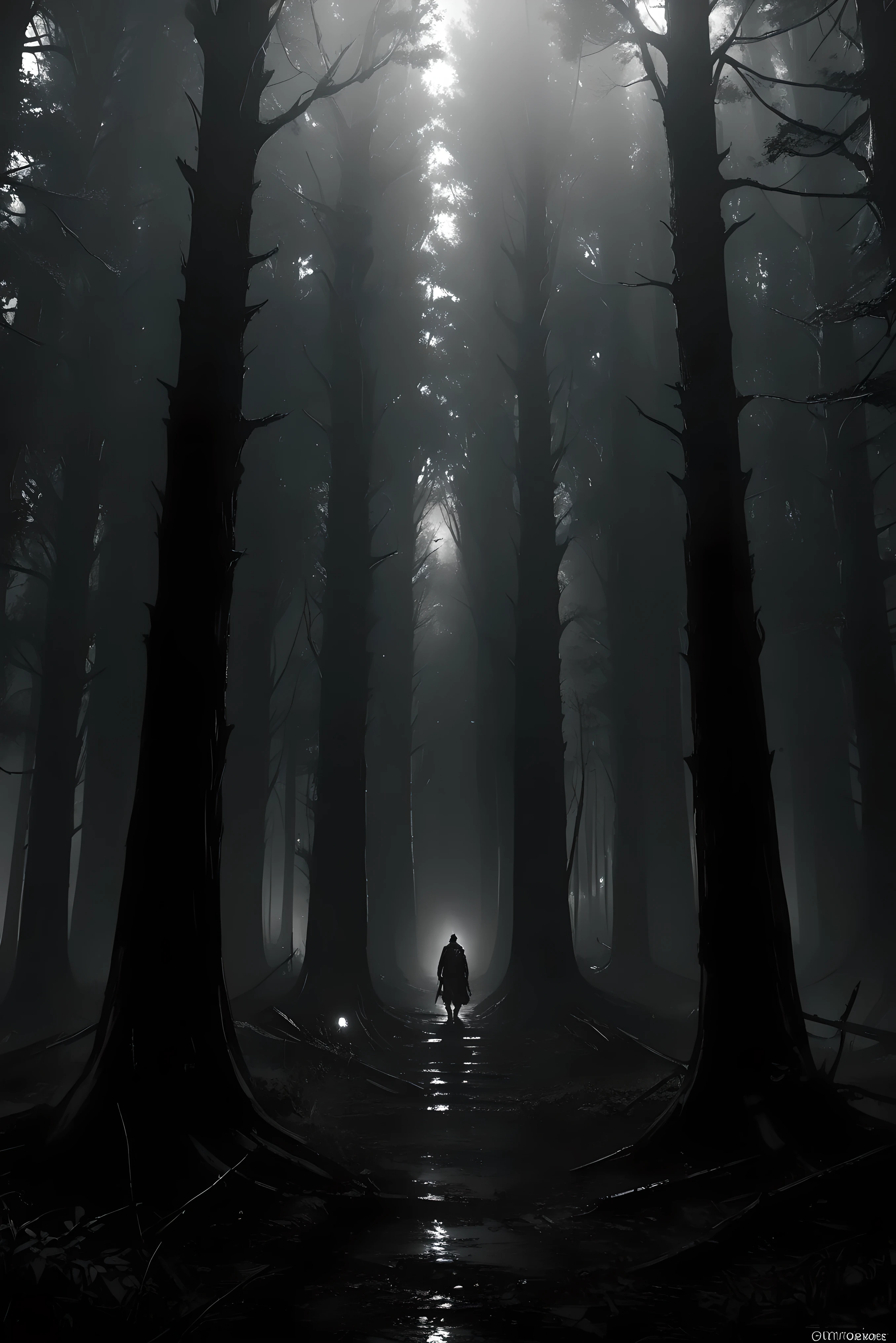 arafed image of a man walking through a wooded forest, Realistic dark concept art, dark cinematic concept art, 站In the dark forest, Standing in the mysterious forest, lost in a forest, lost in a forest, Forest Lights, In the dark forest, In the misty forest, Gloomy Forest, A sinister and spooky forest