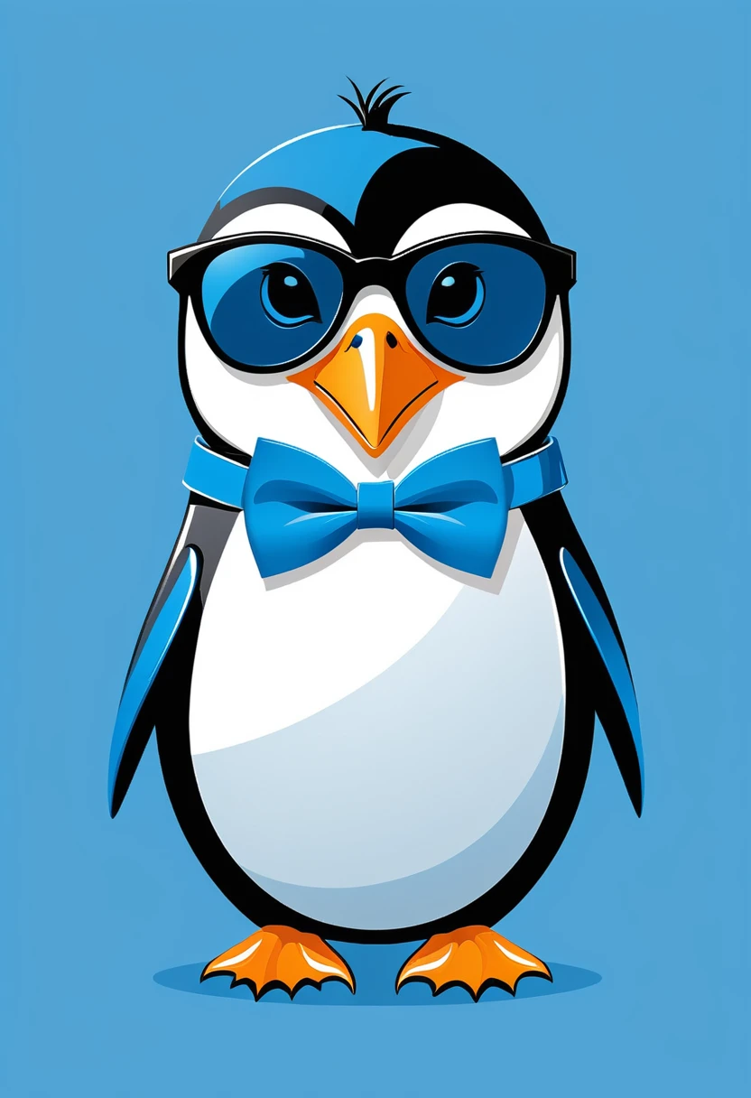 Generate a stylish logo of a cool penguin wearing sunglasses and a bow tie, standing confidently. The background should be minimalistic with a sleek and modern design. Use black, white, and a touch of blue.