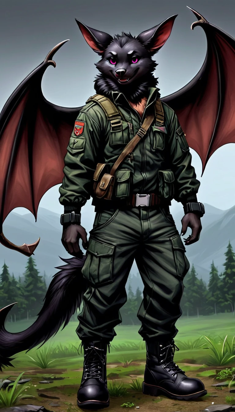 Furry, Male Anthro Bat, (((black fur))), pink eyes, pink nose, 4k, ultra high quality, detailed face, detailed body, detailed picture, detailed fur, wings, deer antlers, stand, smile, (((Species; Bat))), Field Jacket, tactical boots, tactical pants