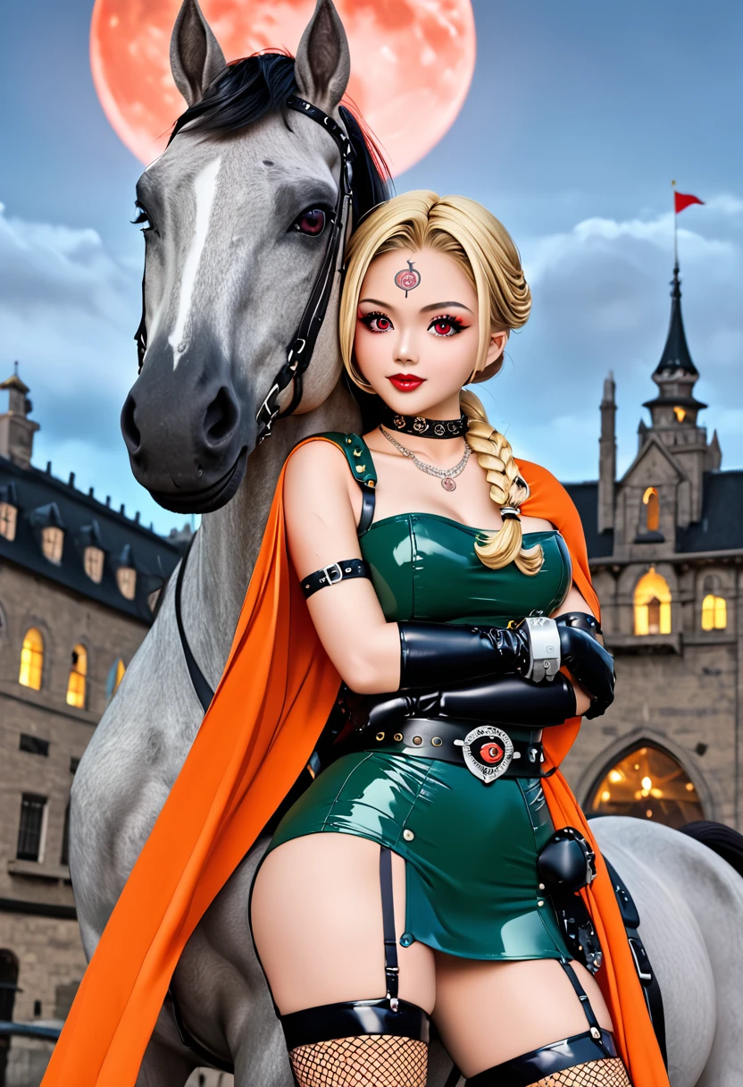 (High quality, masterpieces), One Japanese girl hugging a neck of a gray sturdy horse:1:6, Blonde braid hair, Beautiful face, A horseshoe tattoo on her forehead, Red eyes, Horseshoe shaped necklace, Orange cape, Green mini dress made of shinny latex, Wide belt with buckle, Long boots with high heel, Black long gloves integrated with the shackles, Black leather choker, black net stockings, garter belt, Top of an old tower, midnight with red moon