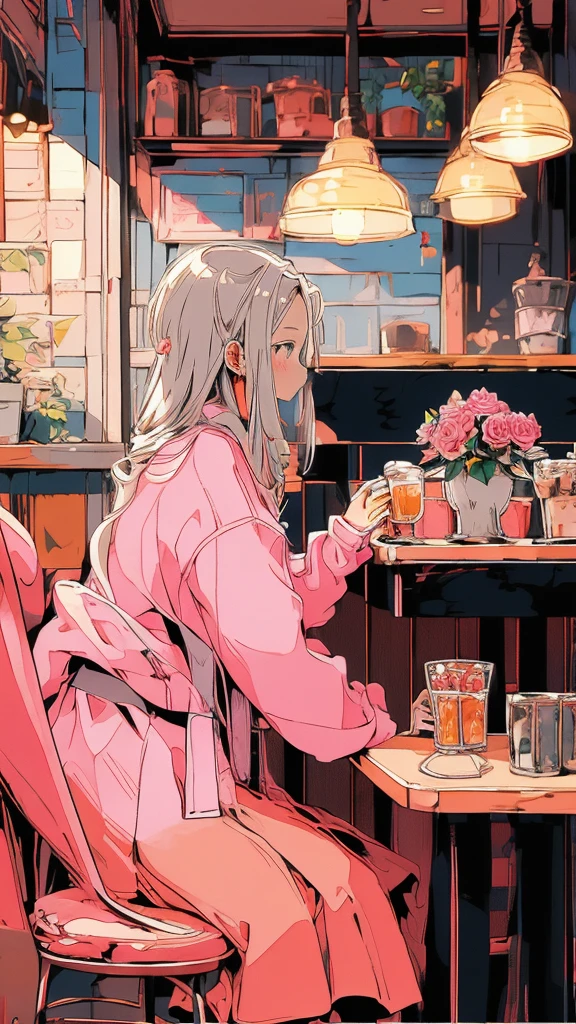 (masterpiece:1.2), best quality,pixiv,wonderful,
1 woman, alone, seat, long hair, flower, chair, food, pink flower, cup, possession, long sleeves, pink skirt, rose, skirt, jacket, gray hair, table, pink rose, inside, blush, forehead, plant, possession cup, yellow jacket, profile, coat, long skirt, flower병