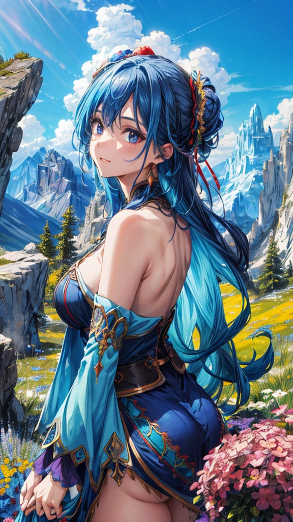 clear blue sky and mountain, flower colorful color blue red green purple yellow, fantasy world medieval, rocks, The scene is depicted in a highly saturated and vibrant style, Vibrant colors include deep purples, electric blues, neon pinks, and shimmering golds. The lighting is ethereal, intense and rich COLORS VIVID, strong exaggerated colors, glowing everywhere, dramatic lighting, epic, majestic, awe-inspiring, mystical, ethereal, The sky above is clear blue sky, The atmosphere is full of magical color films, High Detail.