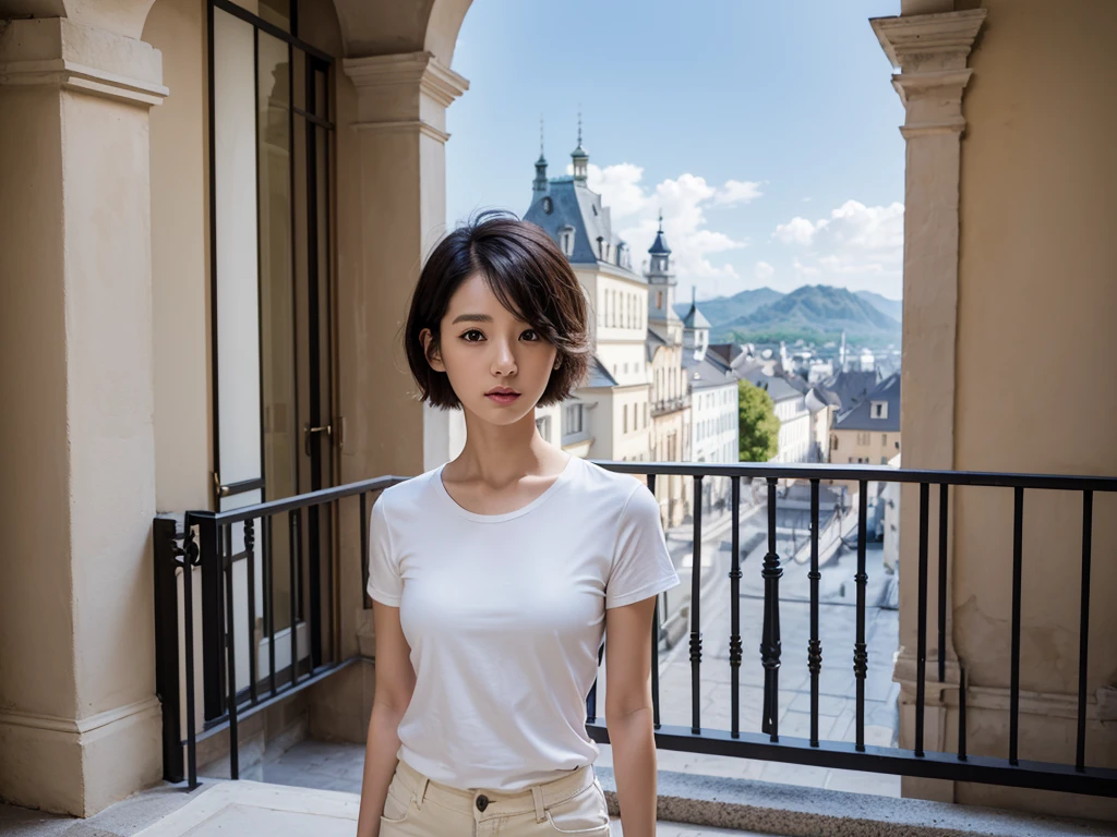 high quality, 1 woman, ((36-year-old healthy Korean woman)), ((36 years old)), 1 woman, ((slim)), ((short medium hair)), pose: standing, Myungpum brand white t-shirt that goes up to the neck, light french coat, casual pants, background:Your residence is a baroque townhouse with a plaster façade and wrought iron railings.., Overlooking the Salzach River and Hohensalzburg Fortress, 1 woman