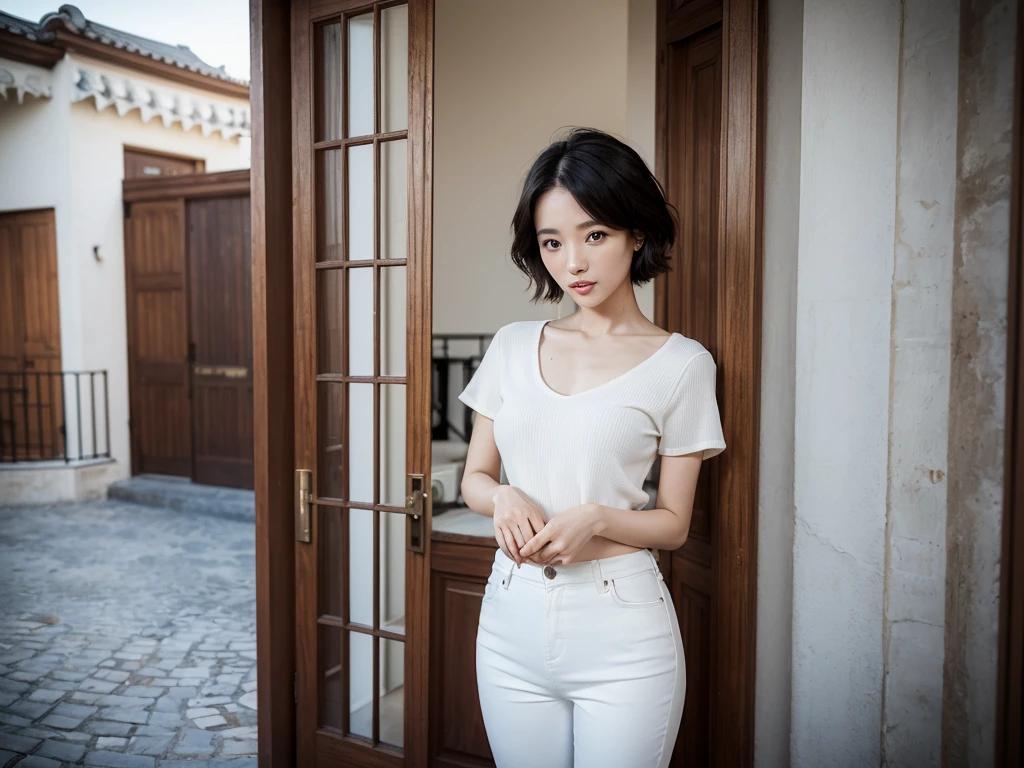 high quality, 1 woman, ((36-year-old healthy Korean woman)), ((36 years old)), 1 woman, ((slim)), ((short medium hair)), pose: standing, Myungpum brand white t-shirt that goes up to the neck, light french coat, casual pants, background:Your residence is a baroque townhouse with a plaster façade and wrought iron railings.., Overlooking the Salzach River and Hohensalzburg Fortress, 1 woman