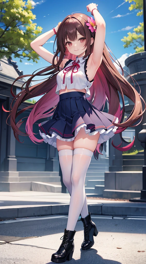 masterpiece, best quality,shiny,chromatic aberration abuse,pastel color,full body,
1girl,solo, aoisan,red eyes,brown hair,smile,long hair, Outdoor, standing, arms up
sleeveless shirt, layered shirt, layered skirt, crop top, wrist cuffs,gradient legwear, red thighhighs,high heels, boots,hair flower, ribbon,