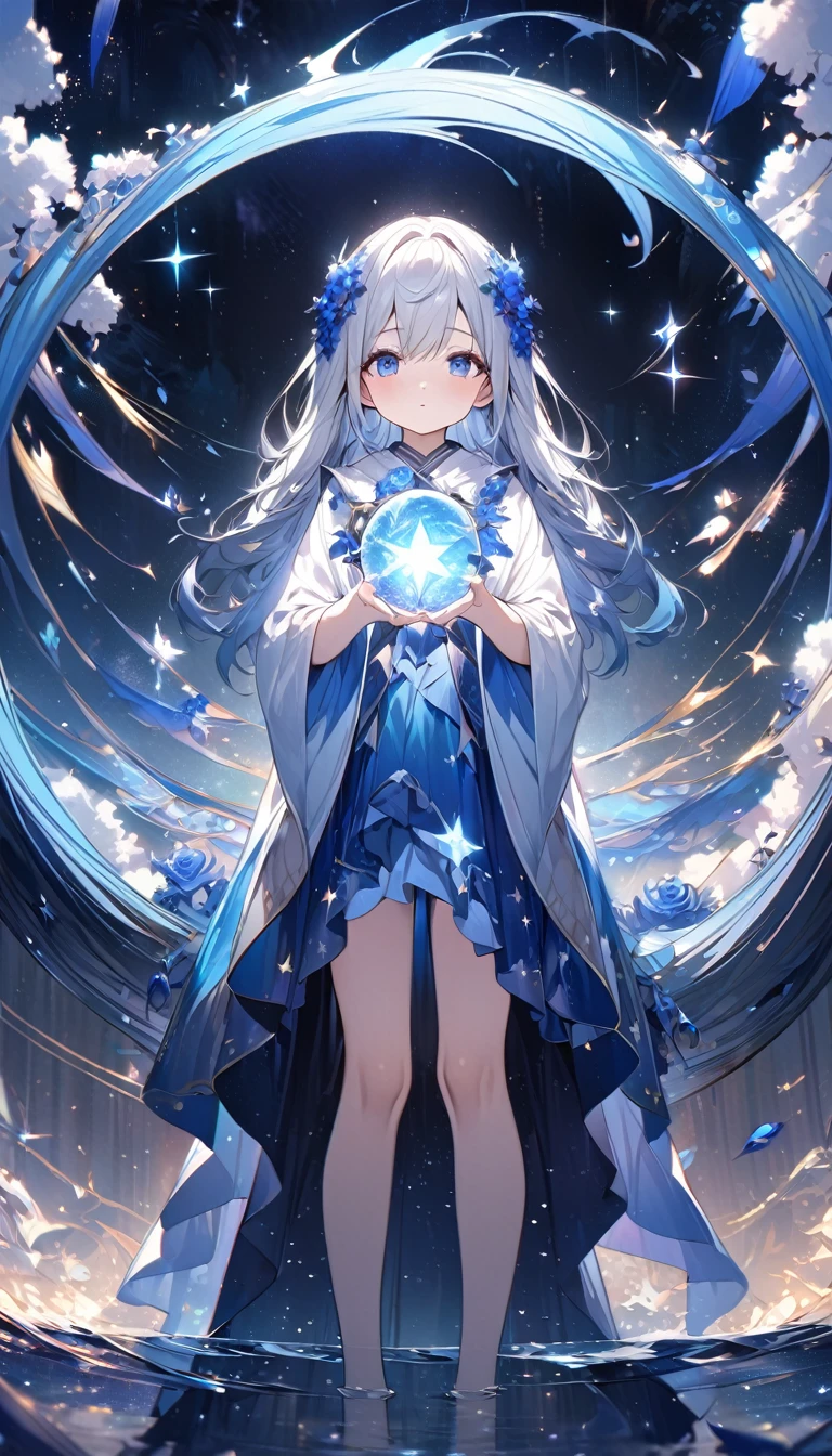 Highest quality,masterpiece,Detailed Details,Super detailed,colorful,The background is the deep blue sea,Transparency,Use HDR technology to create a sense of depth,beautiful,beautiful自然,8 girl,Alone,Wearing starry wizard robes,Stand in the center of the screen,The whole body faces this way,Look diagonally forward to the left,Put your right hand forward in a three-dimensional way,A star-like light from the right,Light magic from the right hand,Narrow and gentle eyes,mysterious,Silver hair decorated with blue flowers,Fantasy atmosphere,beautiful虹色の蝶々is flying in the air