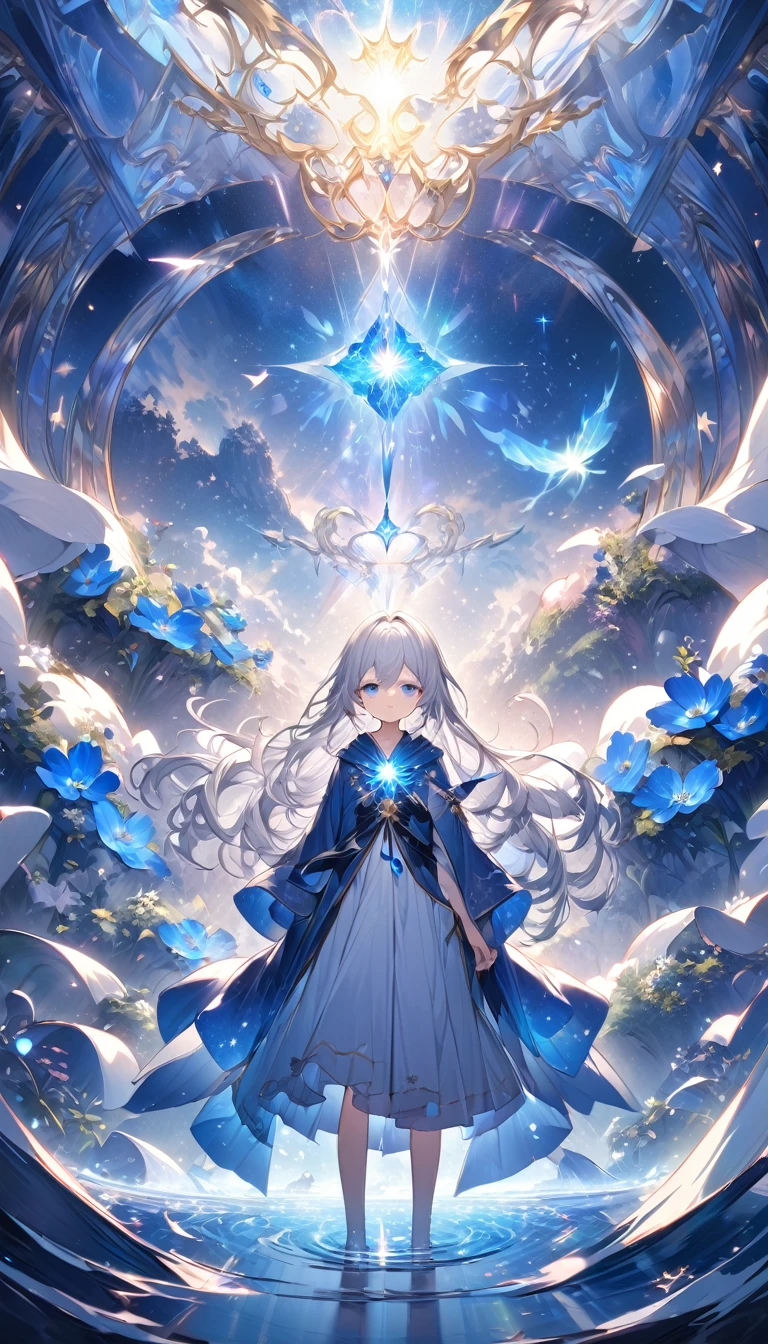 Highest quality,masterpiece,Detailed Details,Super detailed,colorful,The background is the deep blue sea,Transparency,Use HDR technology to create a sense of depth,beautiful,beautiful自然,8 year old girl,Alone,Wearing starry wizard robes,Stand in the center of the screen,The whole body faces this way,Look diagonally forward to the left,Put your right hand forward in a three-dimensional way,A star-like light from the right,Light magic from the right hand,Narrow and gentle eyes,mysterious,Silver hair decorated with blue flowers,Fantasy atmosphere,beautiful虹色の蝶々is flying in the air