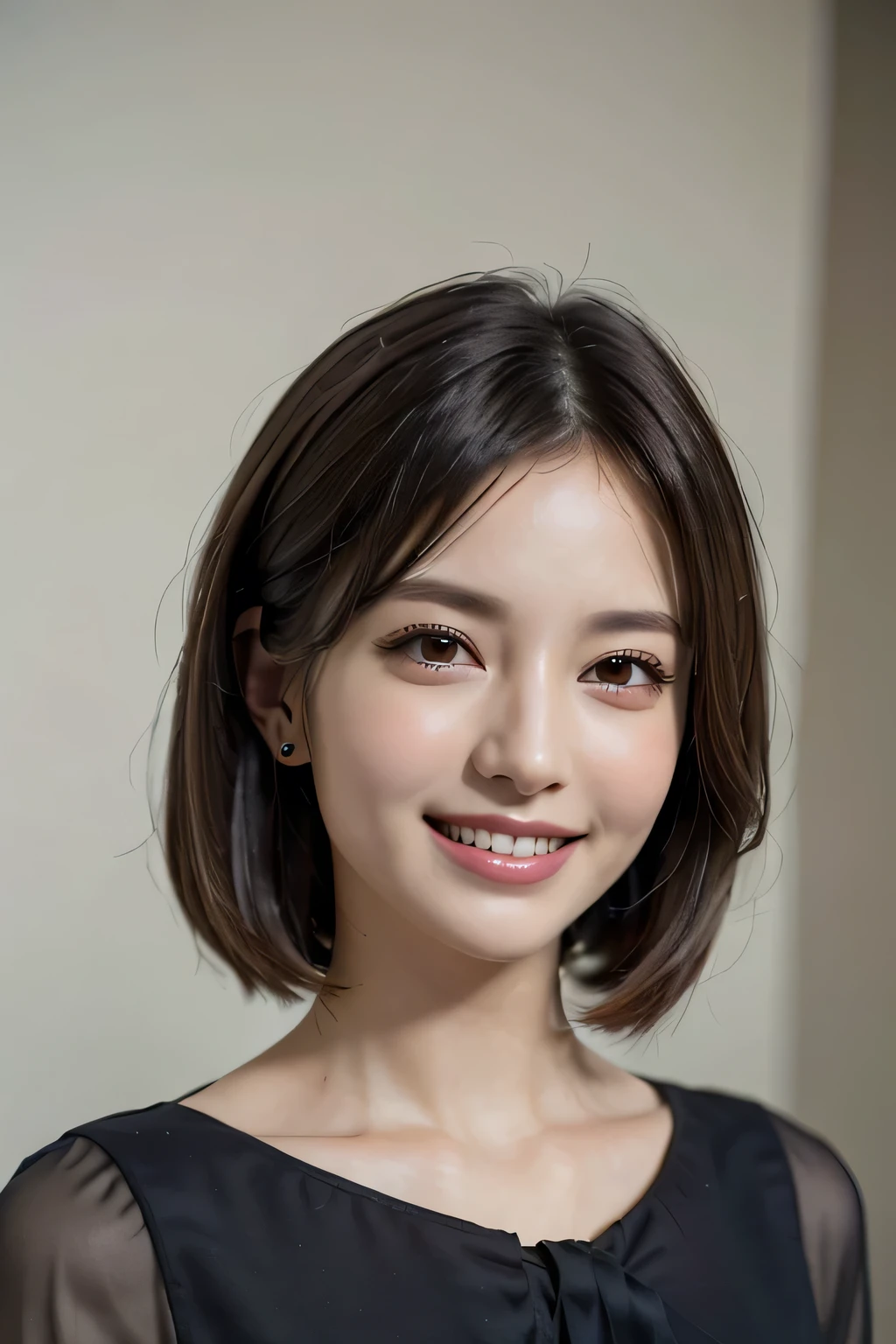 ((masterpiece)), ((Highest quality)), ((Complex)), ((Surreal)), (Realistic), (Mature Woman), ((There are no classes)), Very detailed, (1 female), Beautiful and exquisite, (Beautiful Teeth), Grin, Brunette Bob Hair, Brown eyes, ((blouse)), (Upper Body), (background:none), Perfect Eyes, Captivating eyes, Looking at the audience