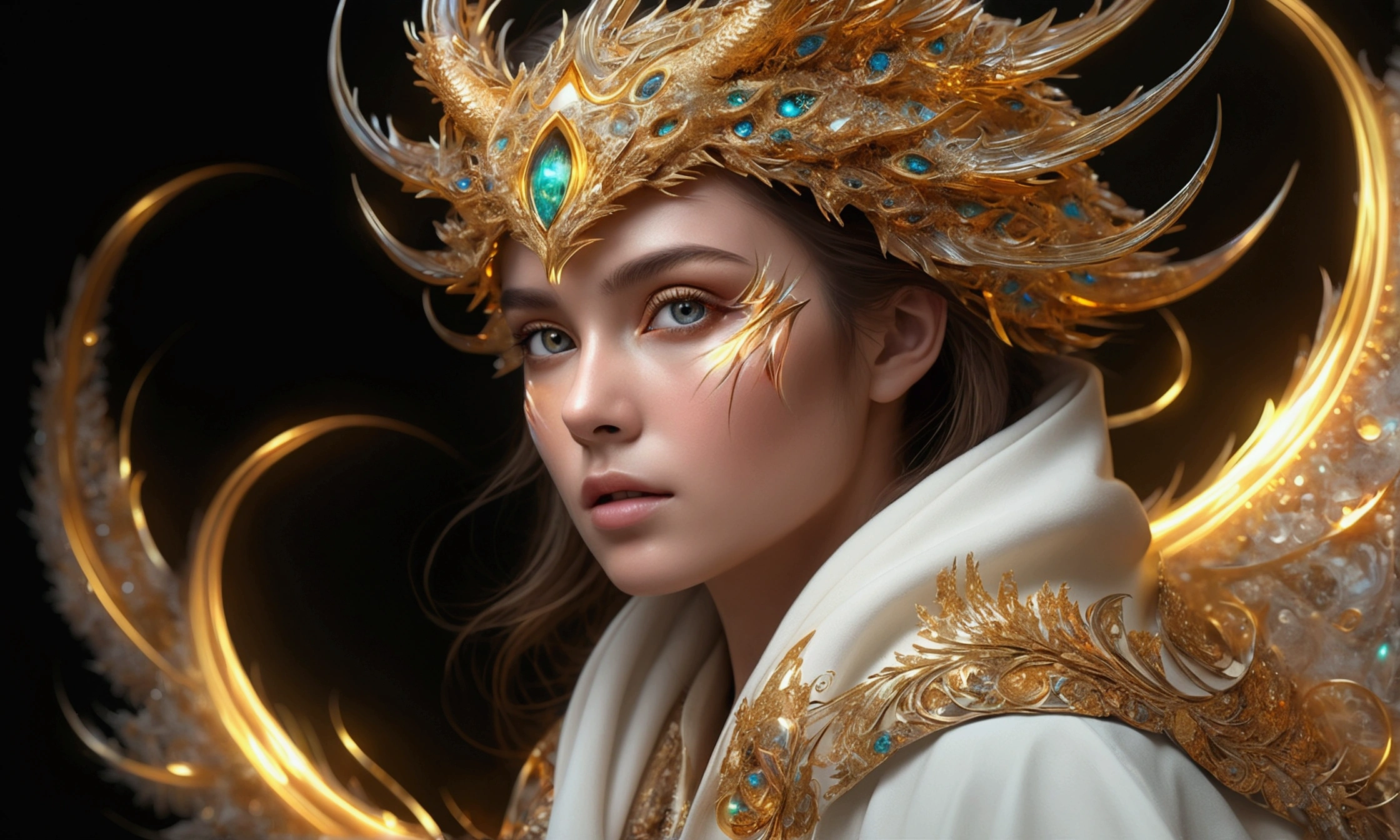 (masterpiece, top quality, best quality, official art, beautiful and aesthetic:1.2), (1girl), extreme detailed eyes, (fractal art:1.3), colorful, highest detailed, (perfect face), shiny skin, HDR, (white cloak golden lines:1.2), galaxy, (light streaks), striking visuals, (dynamic streaks, luminous trails:1.2), vibrant colors, (phoenix), (dragon)
