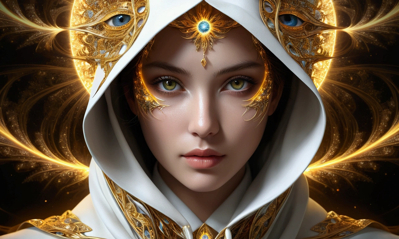 (masterpiece, top quality, best quality, official art, beautiful and aesthetic:1.2), (1girl), extreme detailed eyes, (fractal art:1.3), colorful, highest detailed, (perfect face), shiny skin, HDR, (white cloak golden lines:1.2), galaxy, (light streaks), striking visuals, (dynamic streaks, luminous trails:1.2), vibrant colors, (phoenix), (dragon)