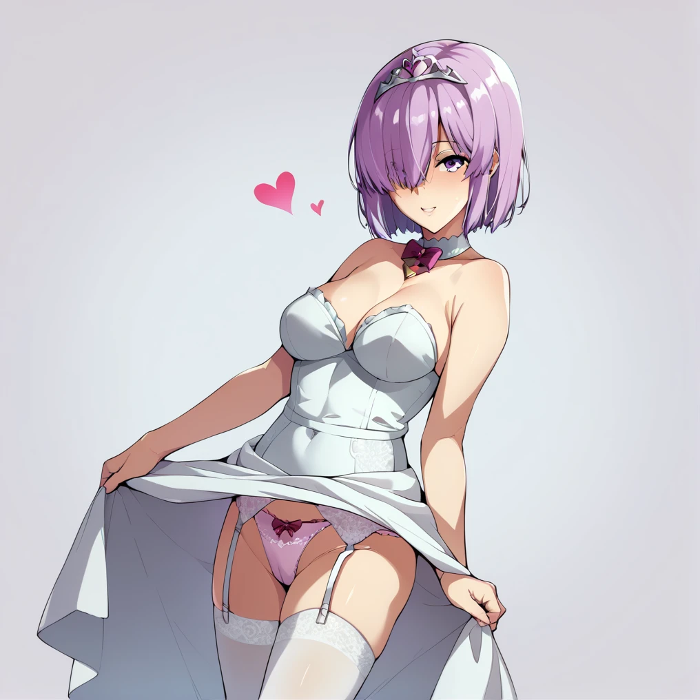 20 used condoms、front、Ultra-detailed illustrations、Ultra-precise expression、masterpiece、Highest quality、ultra High resolution、High resolution、Hiromitsu Takeda Style、Angle from the side、White background、Simple Background、Character portrait、One girl、solo、Mash Kyrielight、light purple hair,short hair,hair over one eyes、Wedding dress、Heart Tiara、White tights、Frill Panties、garter belt、