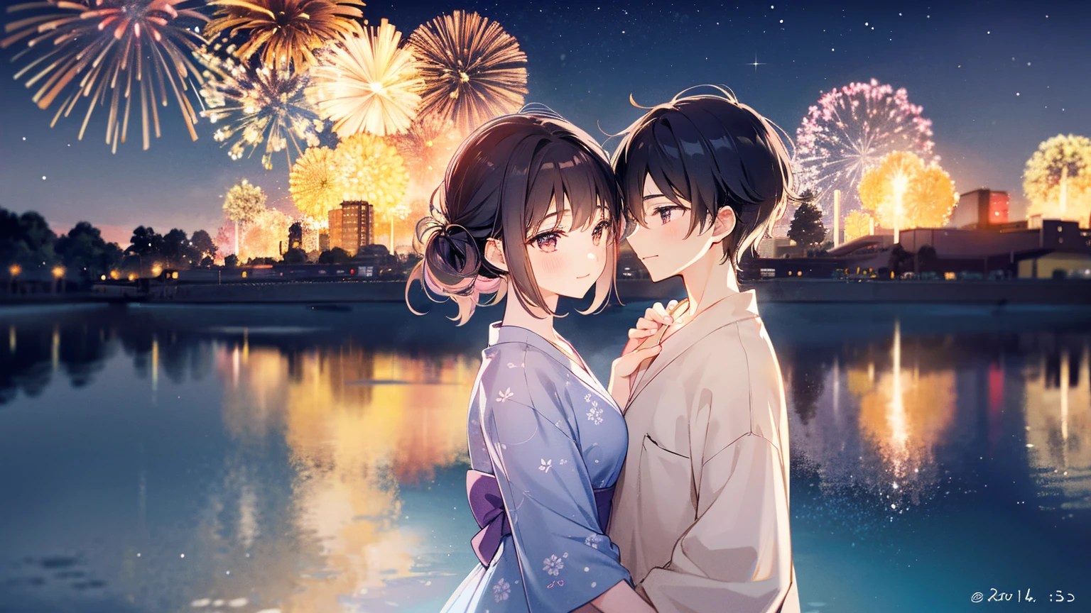 Fireworks Night、Many fireworks are launched from the riverbank in the background.。The 25-year-old man is a high school teacher and is handsome. He is wearing a brown linen jinbei.、A 17-year-old female high school student wearing a cute floral yukata。Men are taller and there is a significant height difference between them and women、The two of them are holding hands, blushing, looking at each other and embracing each other.。