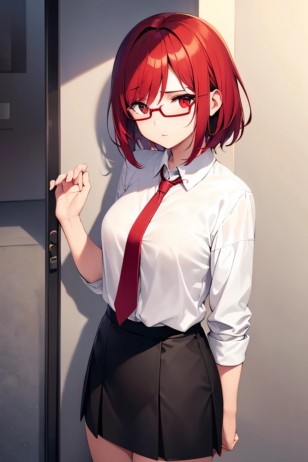 Beautiful girl, short red hair, red eyes, half-frame black glasses, her face a little shy, wearing a , white shirt, red ribbon tie, Knee-length black skirt The loose one.