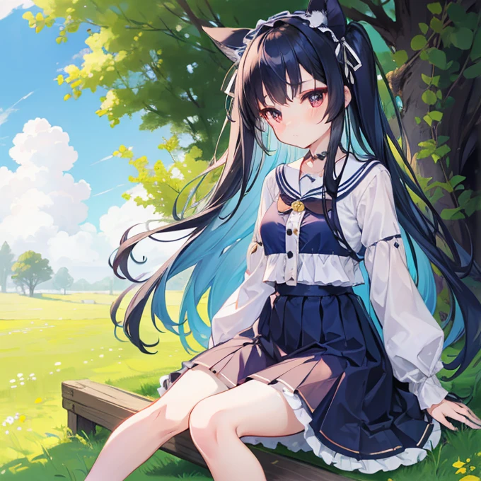 Long navy hair，Lolita Skirt，Fufu has a very cute face，It's a cute girl，In the grassland