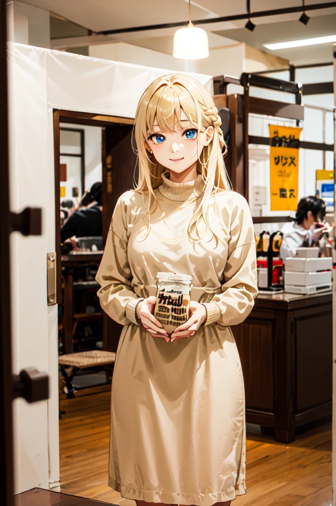 fruitG, (Fruit milk), CofeeG, (coffee milk), blurry, bottle, indoors, blurry background, pov, depth of field, holding, pov hands, food, drink, SD1, scenery, calendar (object), clock, table, chair, indoors, lamp, box,, ultra detailed, masterpiece, best quality, aesthetic, detailed,, solo, soft smile, light smile,
1girl, blue eyes, very long hair, blonde hair, long blonde hair, french braid, bangs, medium breasts,