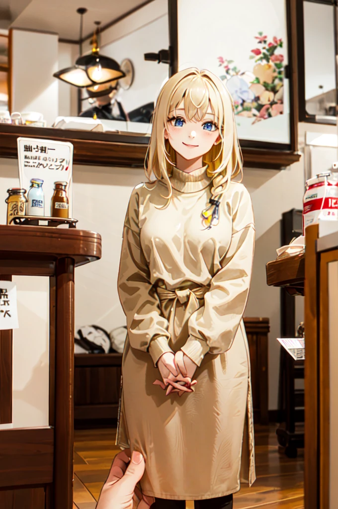 fruitG, (Fruit milk), CofeeG, (coffee milk), blurry, bottle, indoors, blurry background, pov, depth of field, holding, pov hands, food, drink, SD1, scenery, calendar (object), clock, table, chair, indoors, lamp, box,, ultra detailed, masterpiece, best quality, aesthetic, detailed,, solo, soft smile, light smile,
1girl, blue eyes, very long hair, blonde hair, long blonde hair, french braid, bangs, medium breasts,