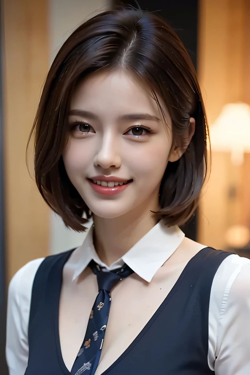 ((masterpiece)), ((Highest quality)), ((Complex)), ((Surreal)), (Realistic), (Mature Woman), ((There are no classes)), Very detailed, (1 female), Beautiful and exquisite, (Beautiful Teeth), Grin, Brunette Bob Hair, Brown eyes, ((blouse)), (Upper Body), (background:none), Perfect Eyes, Captivating eyes, Looking at the audience