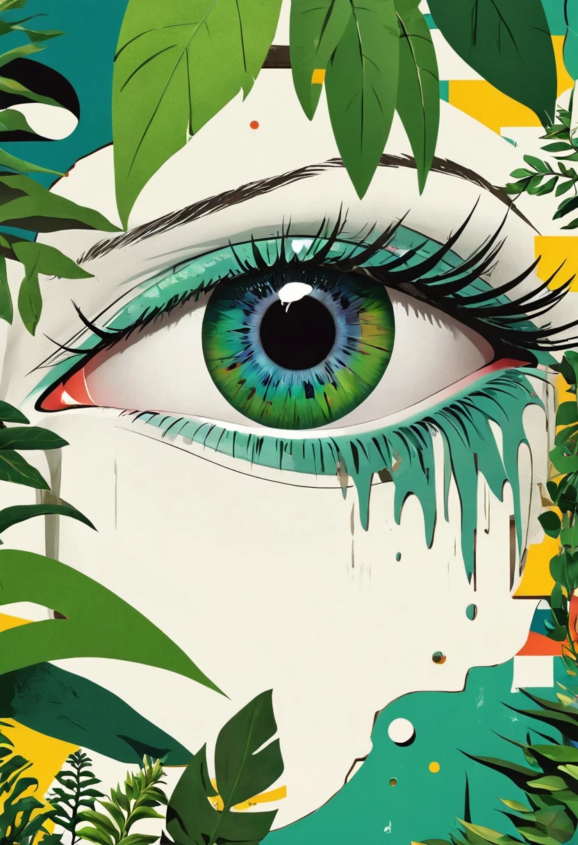 poster design，dadaist,Eye,Distorted faces,Deconstruction，Eye上的建筑，plant，Splicing，Flat vector，3D space