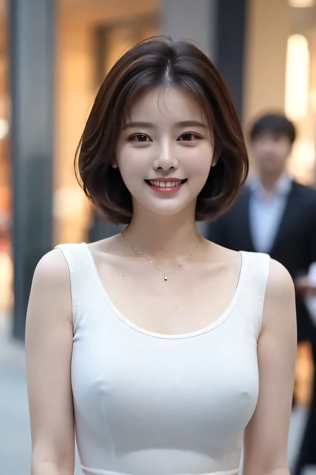 ((masterpiece)), ((Highest quality)), ((Complex)), ((Surreal)), (Realistic), (Mature Woman), ((There are no classes)), Very detailed, (1 female), Beautiful and exquisite, (Beautiful Teeth), Grin, Brunette Bob Hair, Brown eyes, ((blouse)), (Upper Body), (background:none), Perfect Eyes, Captivating eyes, Looking at the audience
