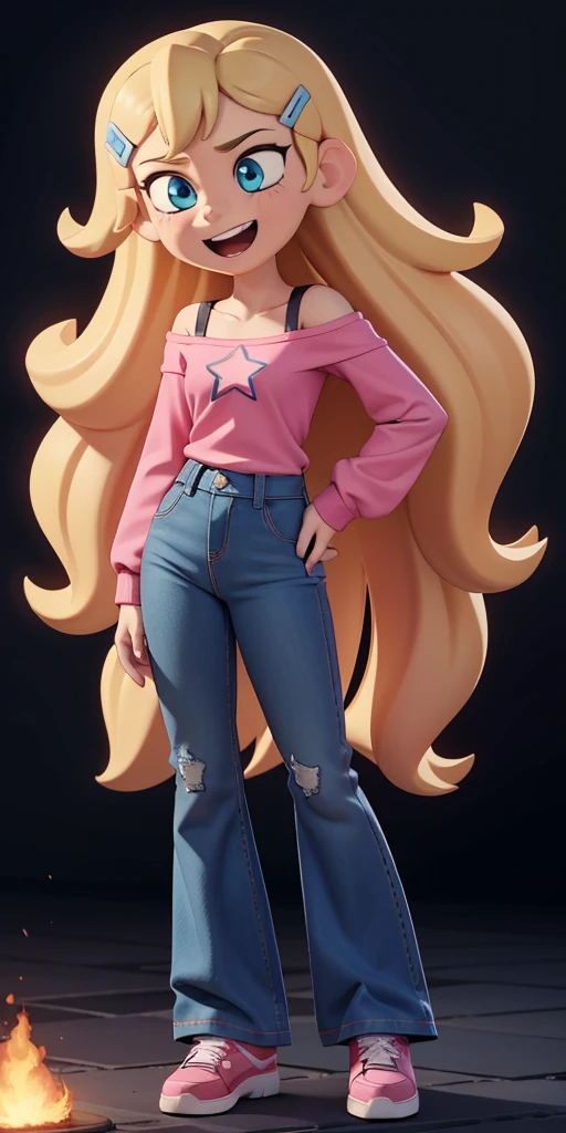 score_9, source_cartoon, masterpiece, best quality, 1girl, solo, Kelly Marra, looking very happy, long hair, blonde hair, cute blue eyes, hair ornament, white long sleeves, hairclip, flare blue pants(Wide flares on pants:1.2), pink shoes, off shoulder, white star (symbol) in the middle of the shirt, Pink t-shirt,